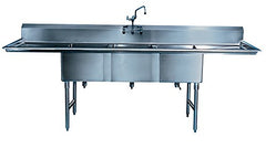Stainless Sink, 3 Compartment with 2 Drain Boards, 16 Gauge, 12" Water Level, 12" Length x 29-1/2" Width