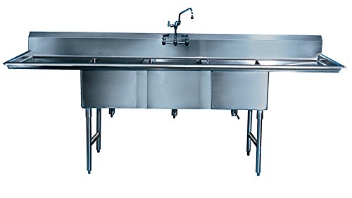 Stainless Sink, 3 Compartment with 2 Drain Boards, 16 Gauge, 12" Water Level, 124" Length x 29-1/2" Width