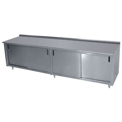 36" x 108" 14 Gauge Work Table with Cabinet Base and Mid Shelf - 1 1/2" Backsplash