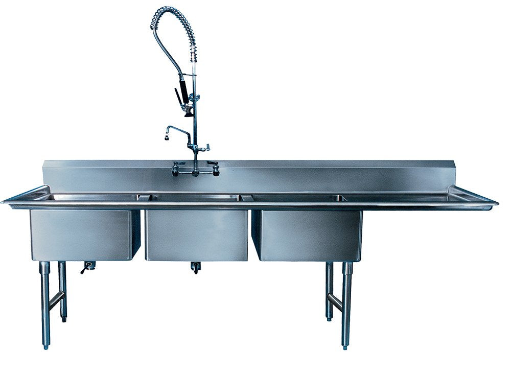 Stainless Sink, 3 Compartment with 1 Drain Board, 16 Gauge, DRBD Right, 12" Water Level, 84-1/2" Length x 33-1/2" Width