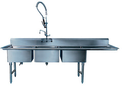 Stainless Sink, 3 Compartment with 1 Drain Board, 16 Gauge, DRBD Right, 12" Water Level, 90-1/2" Length x 33-1/2" Width